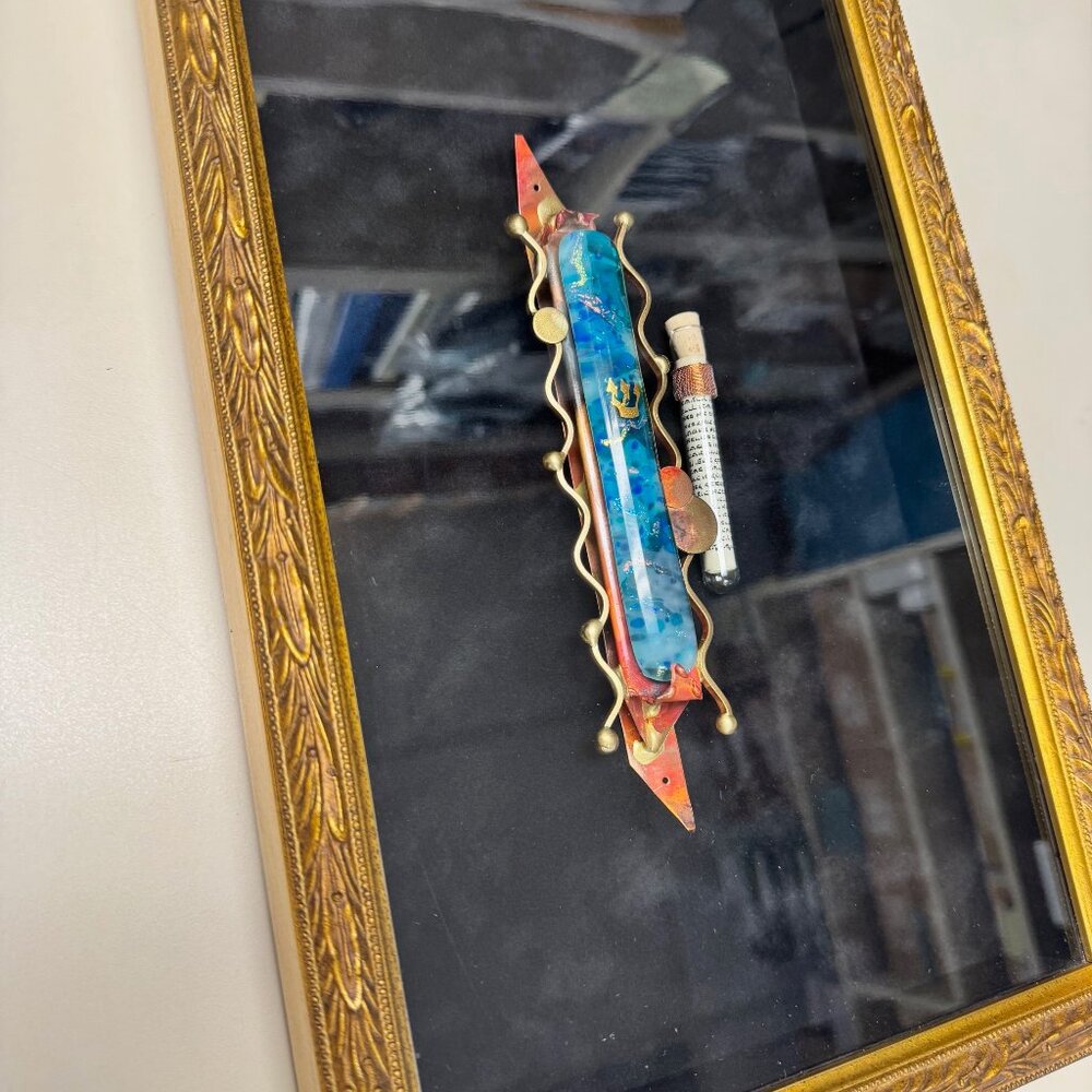 Vintage Gary Rosenthal Hand Made Glass Mezuzah & Kosher Scroll Framed